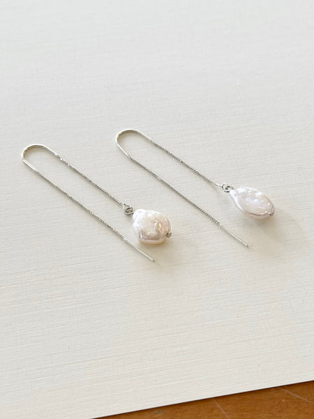 Round Pearl Silver Threader Earrings