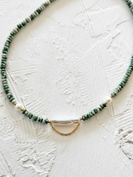 Moss Agate & Pearl Beaded Necklace