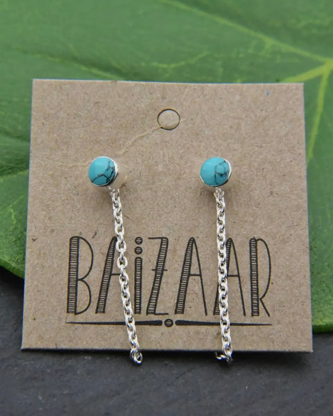 Silver Turquoise and Chain Stud Earrings