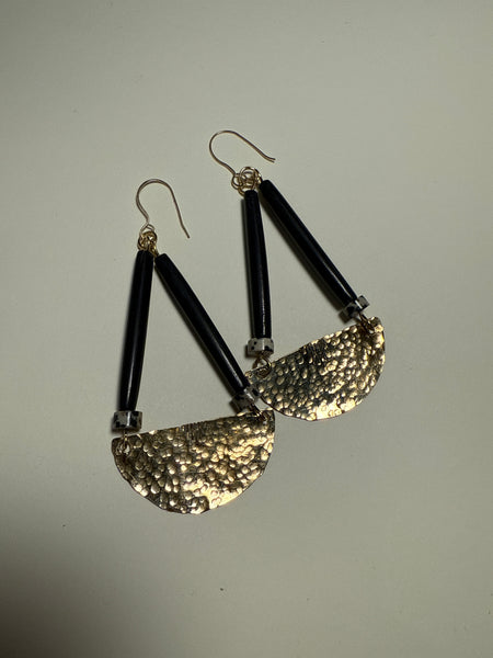 MKE MAE Design - Hammered Brass,dyed animal bone, & dalmatian jasper Dangle earring with gold fill earring