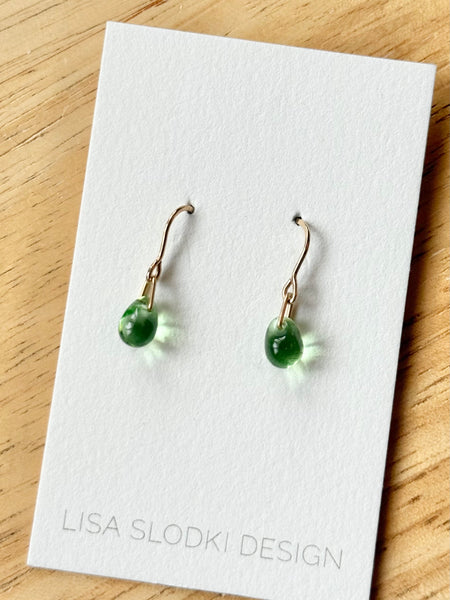 Lisa Slodki - Gold Fill + Green Glass Droplet Earrings