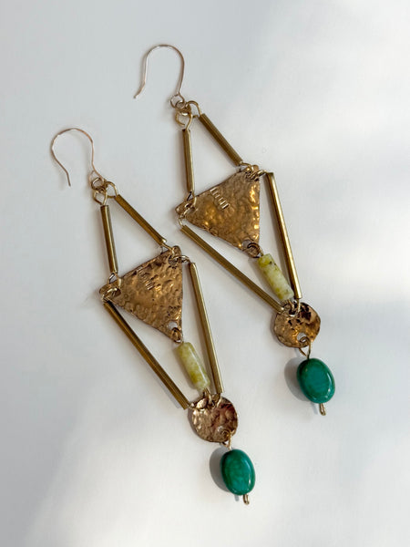 MKE MAE Design - Hammered Brass, turquoise & Serpentine geometric dangle earrings