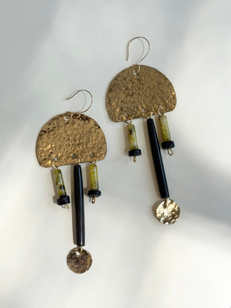 MKE MAE Design - Hammered Brass, dyed animal bone & Serpentine Dangle earring