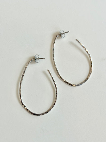 Thin Hammered Sterling Silver Long Hoop Earrings