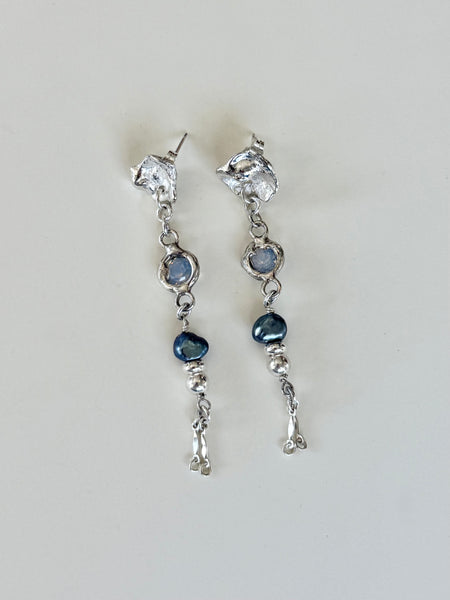 Lauren Landa - Silver, Opalescent Sapphire, Black Pearl Mini Fringe Earrings