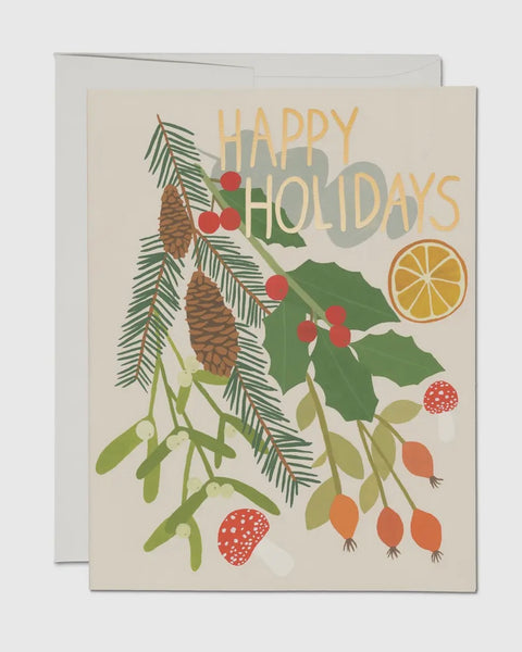 “Happy Holidays” Pinecones + Holly Greeting Card