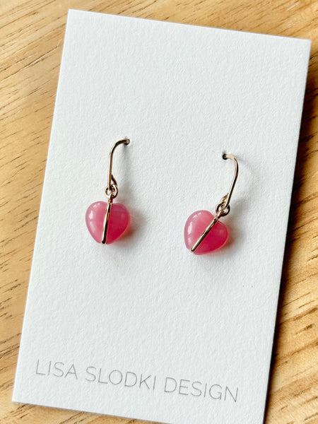 Lisa Slodki - Gold Fill + Pink Glass Heart Earrings