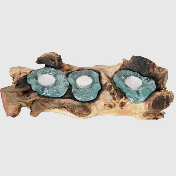 Triple Molten Glass + Wood Tea Light Candle Holder