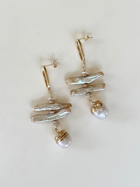 Lauren Landa - 14k Gold Fill Stick + Gold Cap Pearl Earrings