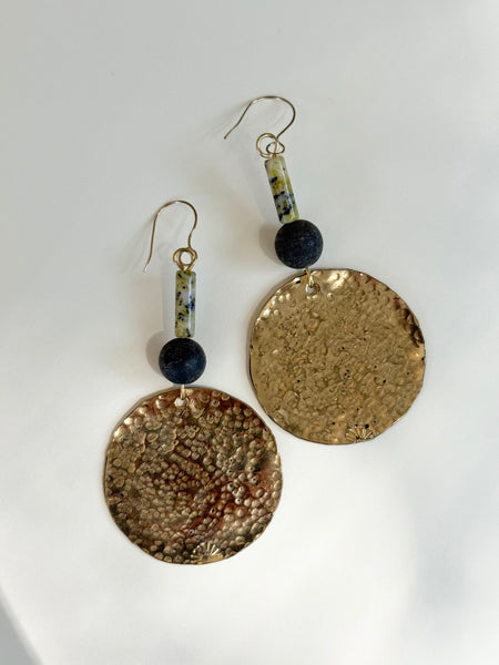 MKE MAE Design - Hammered Brass, Lava rock & Serpentine Dangle earring with gold fill earring