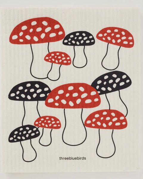 Three Bluebirds Swedish Dish Cloth - Red + Black Mushrooms