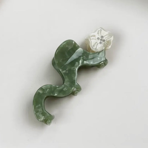 Green + White Flower Hair Clip