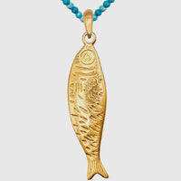 Blue Beaded Necklace with Gold Fish