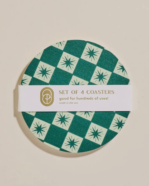 Green Checkered Star Coasters - Set of 4