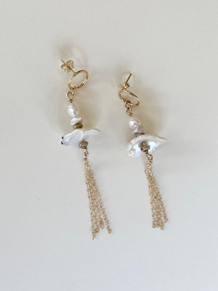 Lauren Landa - 14k Gold Fill Flat Pearl + Small Pearl with Fringe Earrings