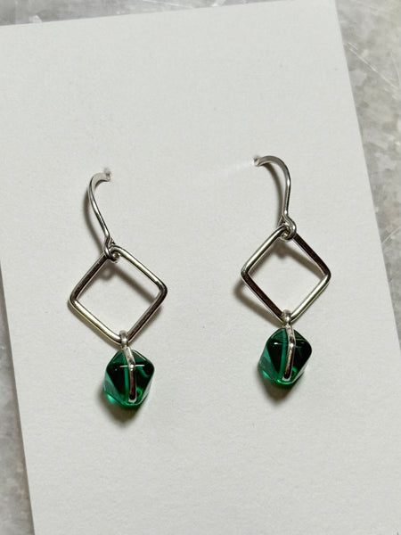 Lisa Slodki - Green Glass Diamond Earrings - Sterling Silver