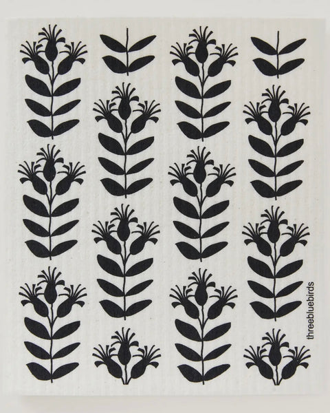 Three Bluebirds Swedish Dish Cloth - Black Buds