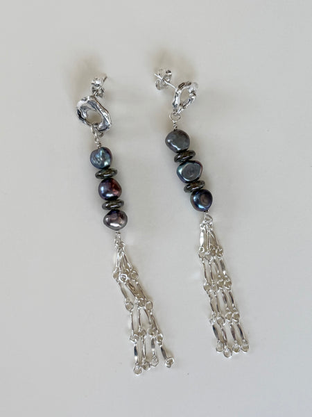 Lauren Landa - Sterling Silver, Black Pearl + Fringe Earrings