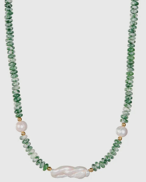 Moss Agate Beaded Necklace with Pearls
