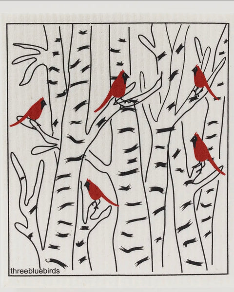 Three Bluebirds Swedish Dish Cloth - Winter Cardinals