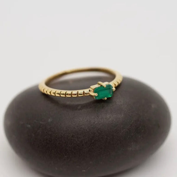 Brass Decorated Prong Stone Ring - Green Stone