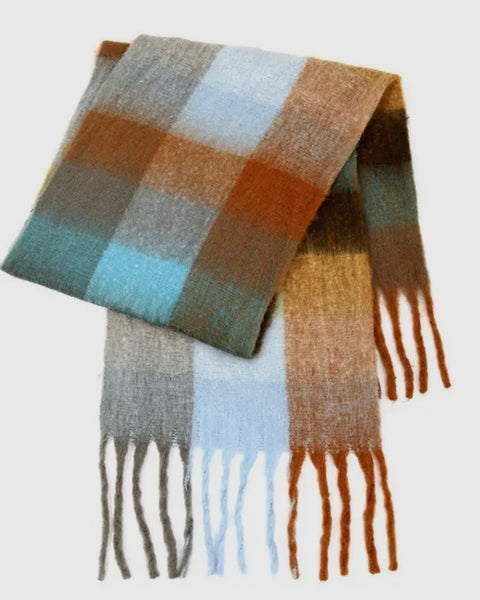 Plaid Scarf - Turquoise / Light Blue / Rust / Grey