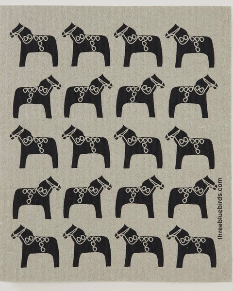 Three Bluebirds Swedish Dish Cloth - Black Dala Horses