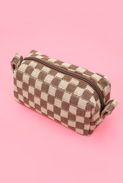 Checkered Cosmetics Pouch - Brown