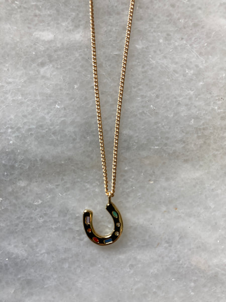 Gold Horseshoe + Crystals Charm Necklace