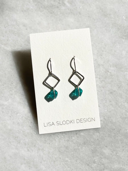 Lisa Slodki - Diamond Earrings - Sterling Silver + Blue Glass